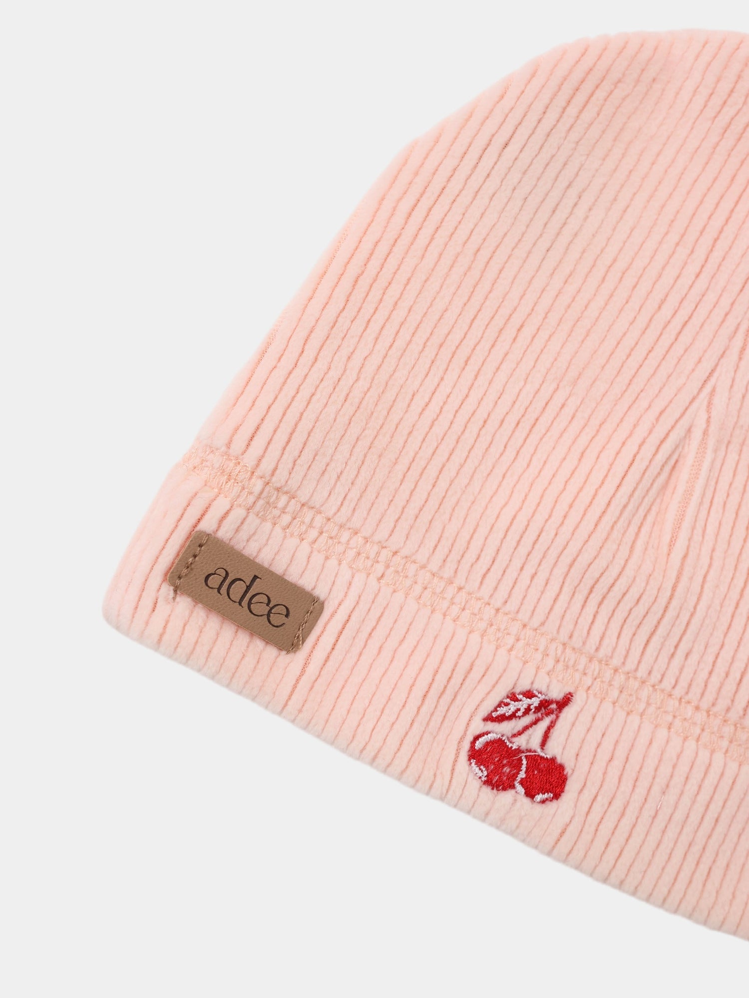 Embroidered Cherry Layette Set by Adee, pink corduroy fabric with cherry embroidery and brand patch