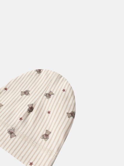 Striped bear hat for girls, beige striped fabric with teddy bears and red stars