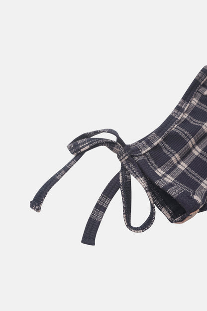 Navy plaid bonnet for boys by Adee with fabric ties