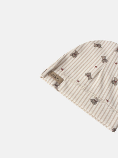 Adee Striped Bear Hat for girls, beige striped fabric with teddy bear prints and red stars