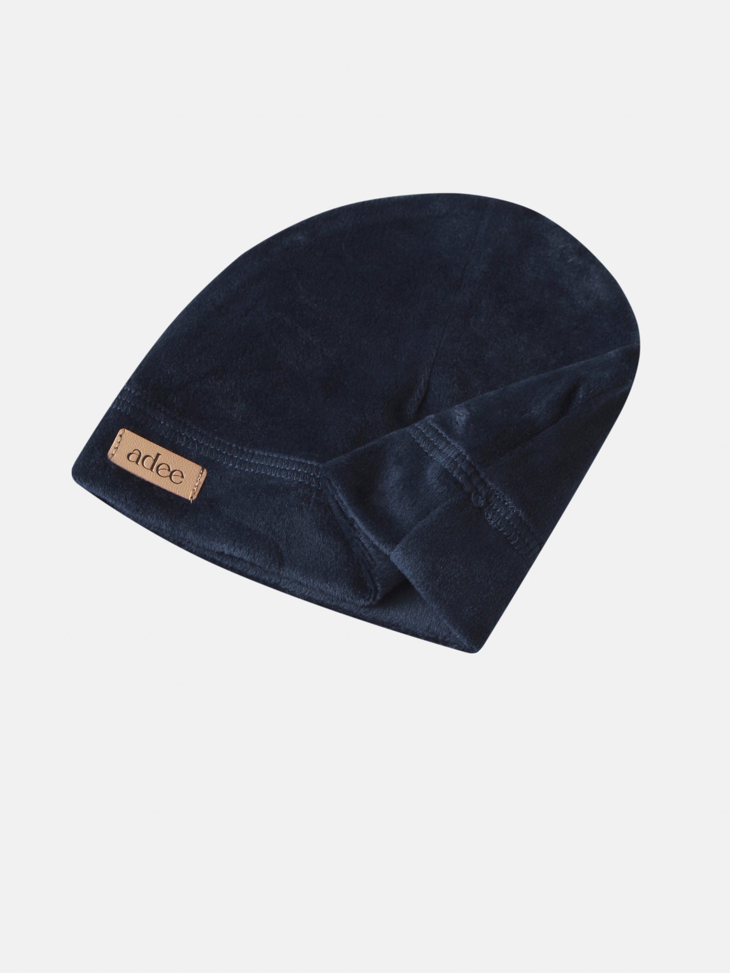 Adee navy velvet baby beanie with brown leather patch