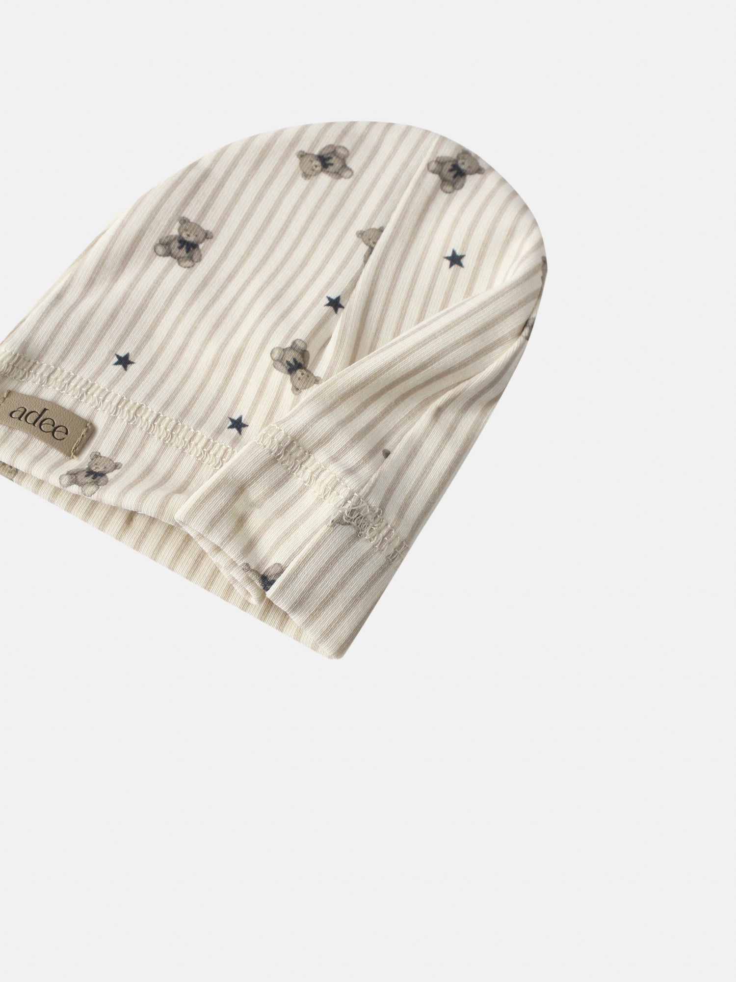 Striped Bear Hat - Blue for boys by Adee; beige striped fabric with teddy bears and blue stars.