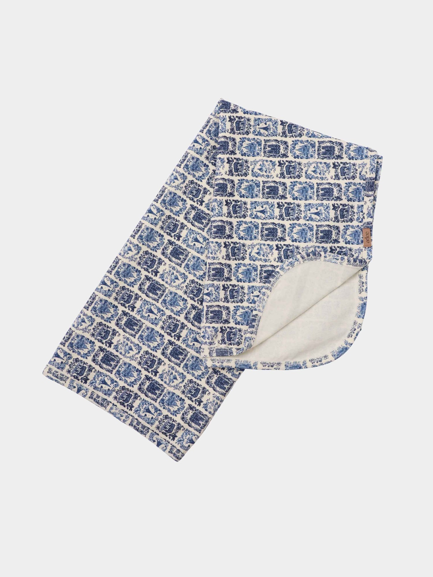 Blue Landmark Layette Set for boys by Adee; blue landmark print baby blanket with white interior.