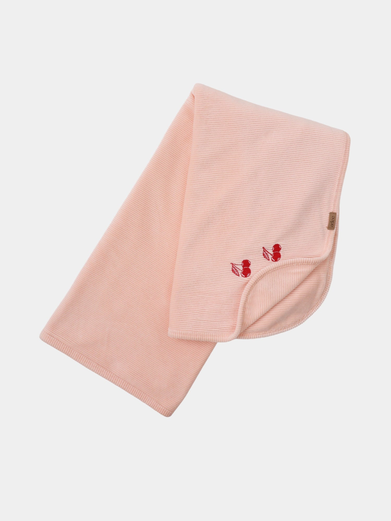 Embroidered Cherry layette set by Adee in pink ribbed fabric with cherry embroidery and tag