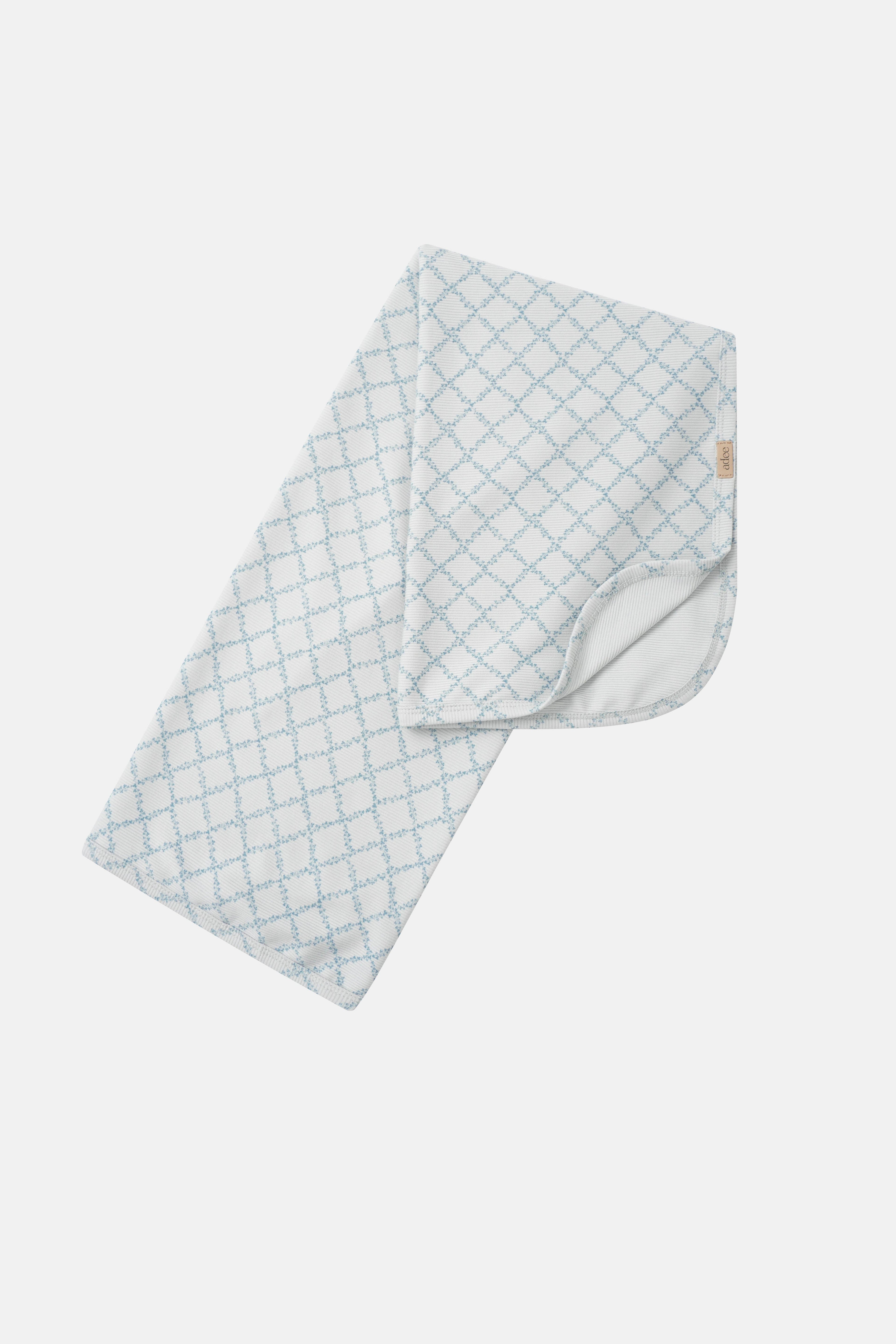 Blue Leaf Layette Set by Adee; baby blanket with pale blue lattice pattern.