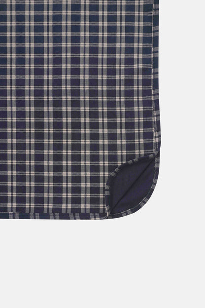 Navy Plaid Layette Set for boys by Adee; navy and white check fabric with curved hem detail