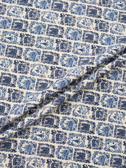Blue Landmark layette fabric print by Adee; navy framed landmarks with floral borders on white