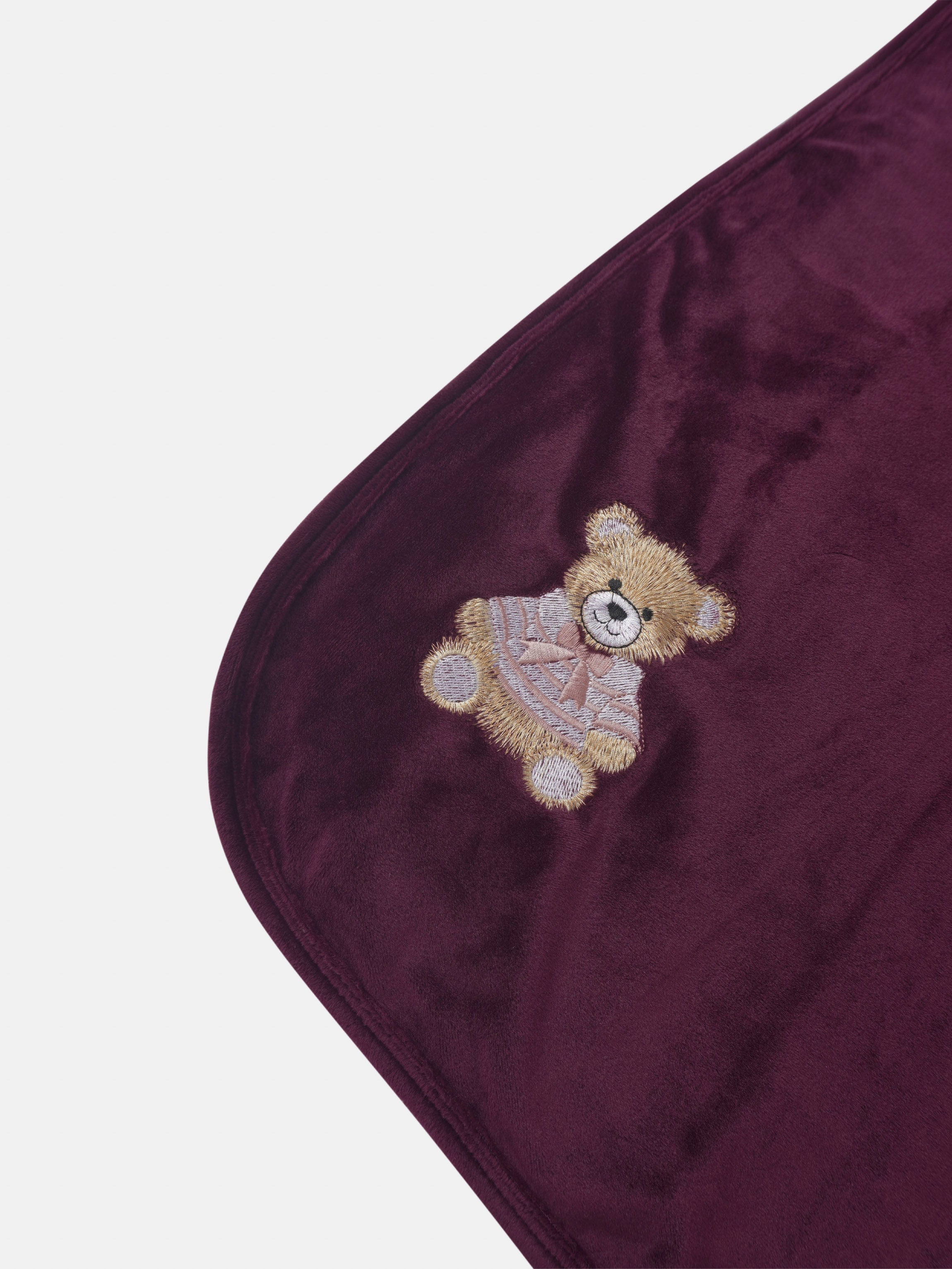 Embroidered Bear Burgundy layette set by Adee; velvet fabric with teddy bear embroidery