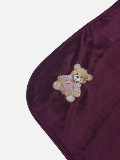 Embroidered Bear Burgundy layette set by Adee; velvet fabric with teddy bear embroidery