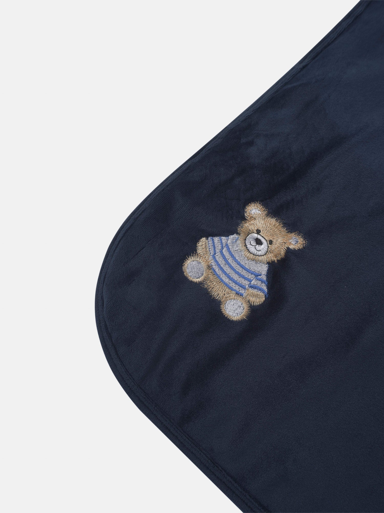 Embroidered Bear Navy layette set by Adee; navy velour fabric with bear embroidery