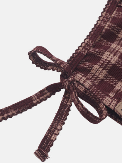Girls burgundy plaid bonnet with knitted ties