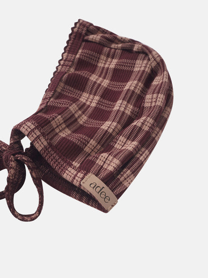 Girls burgundy plaid bonnet by Adee with tie strings