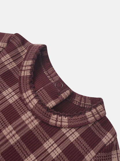 Girls Stretchies by Adee burgundy plaid knit fabric close-up