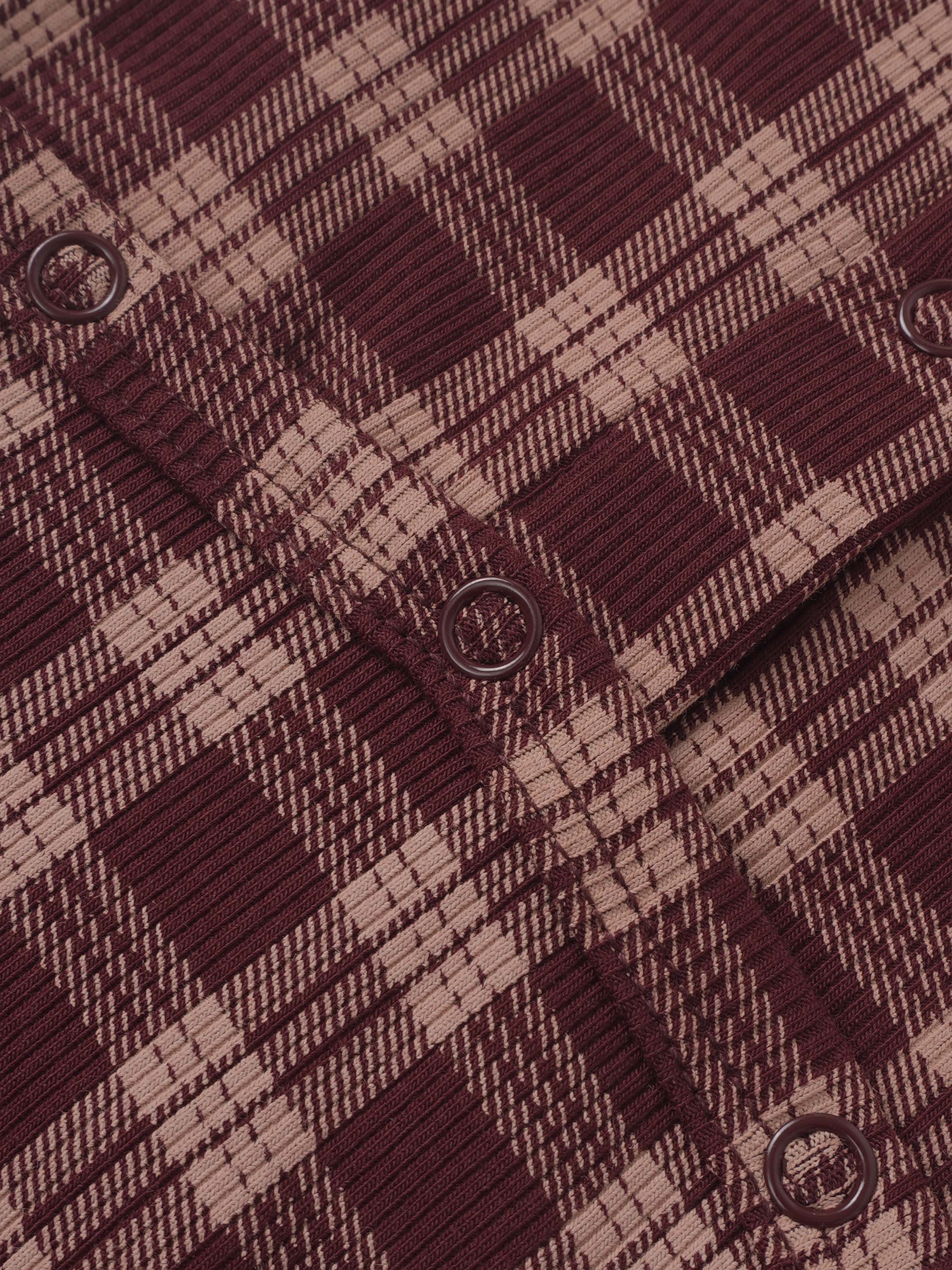 Girls Stretchies by Adee Burgundy Plaid fabric with maroon beige plaid pattern and metal eyelets.