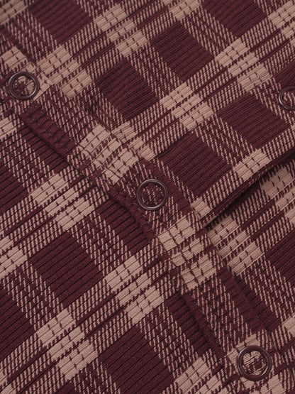 Girls Stretchies by Adee Burgundy Plaid fabric with maroon beige plaid pattern and metal eyelets.