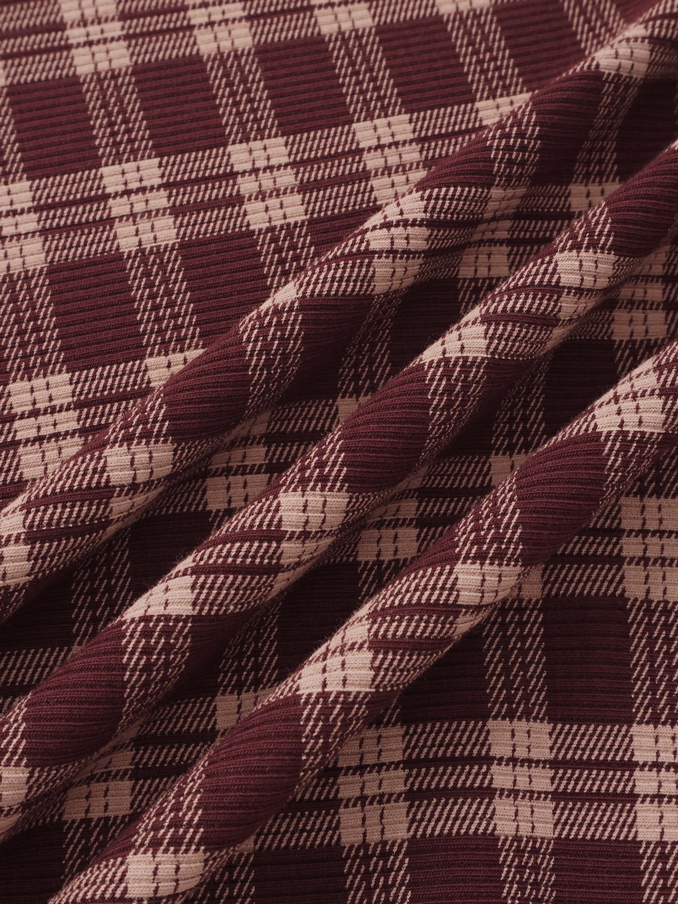 Burgundy plaid stretchies for girls by Adee, maroon and blush plaid fabric close-up