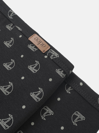 Harbor Dot layette set for boys by Adee; navy knit fabric with white anchor and dot pattern