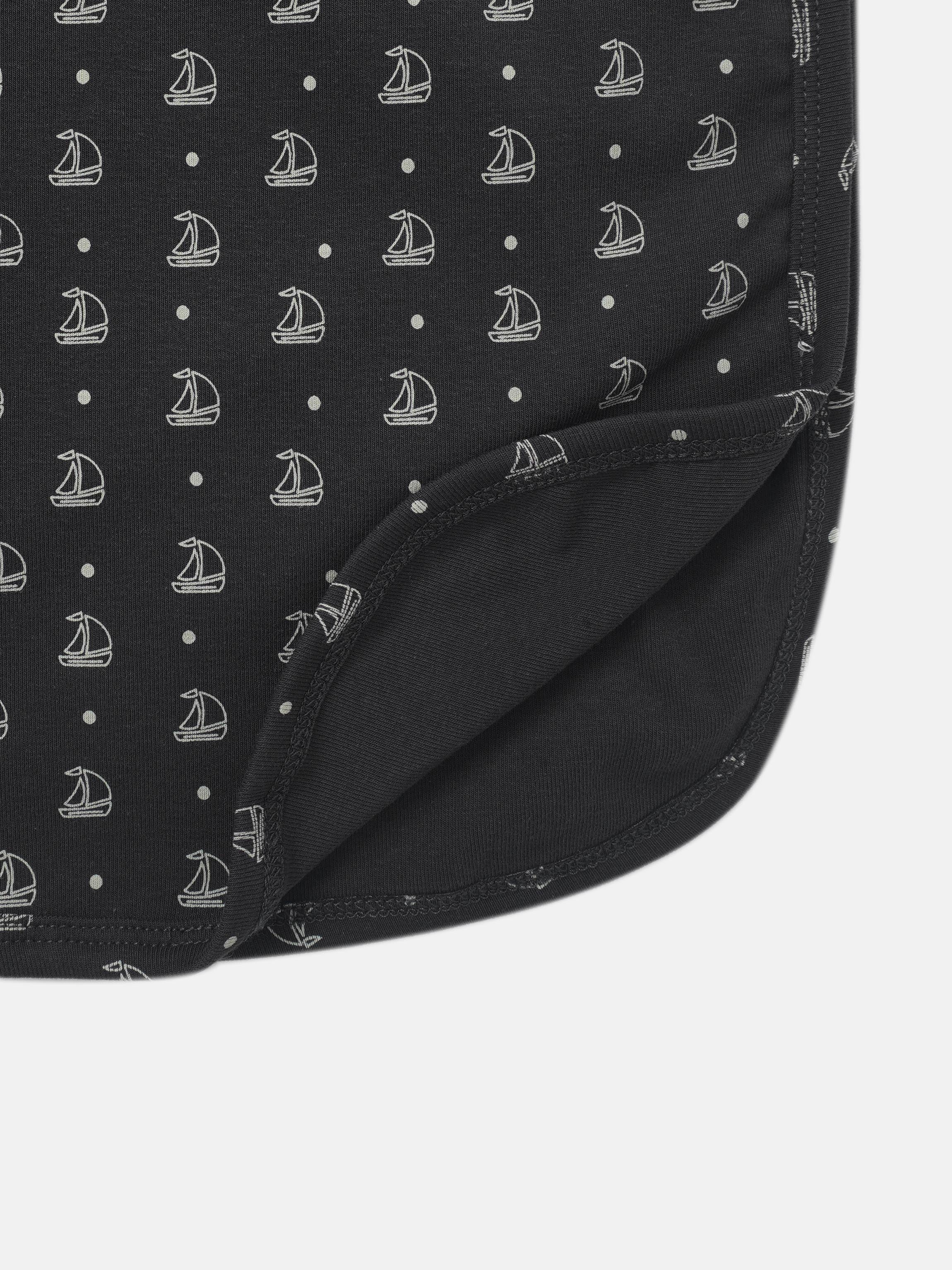 Harbor Dot layette set for boys by Adee; navy fabric with white sailboat and dot pattern