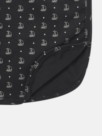 Harbor Dot layette set for boys by Adee; navy fabric with white sailboat and dot pattern