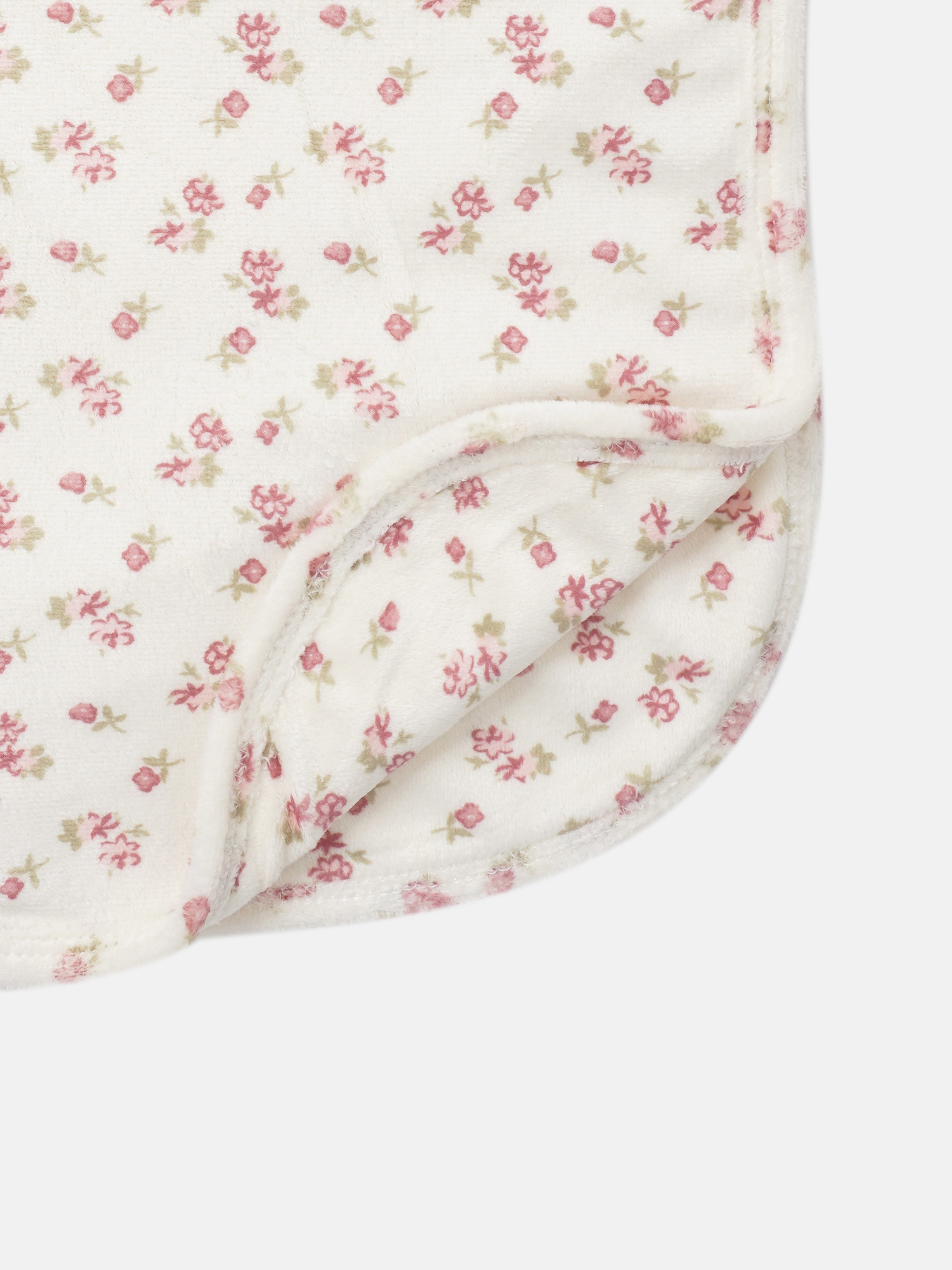 Tiny Blossom layette set by Adee; white fabric with tiny pink floral print