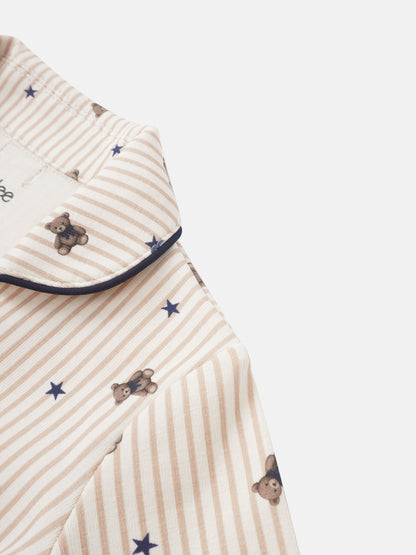 Adee Striped Bear Pajamas top for boys in beige-and-white stripes with blue stars and teddy bears, navy piping.