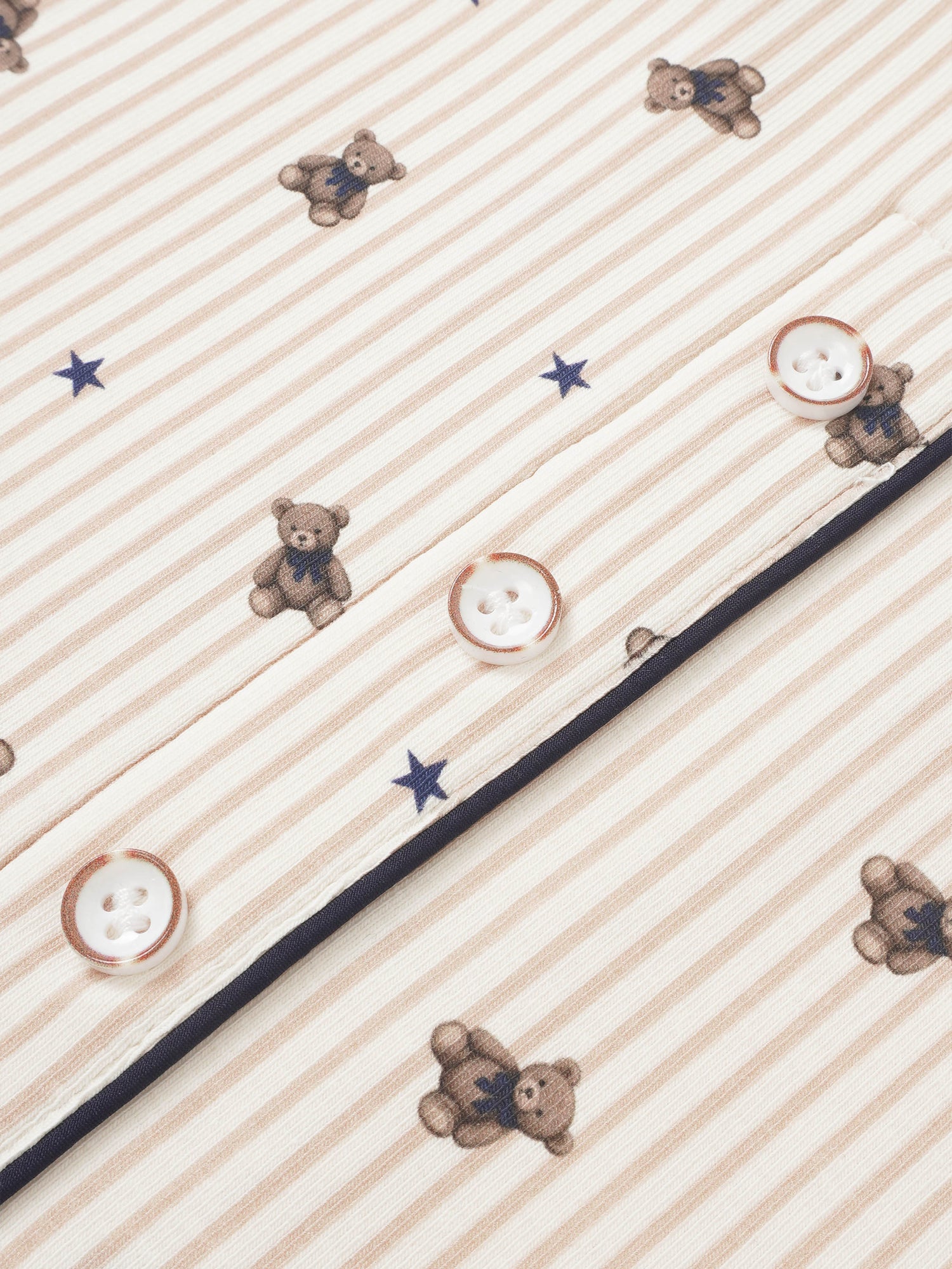 Striped Bear Pajamas - Blue, boys pajamas by Adee, beige stripes with teddy bears and blue stars, button-front