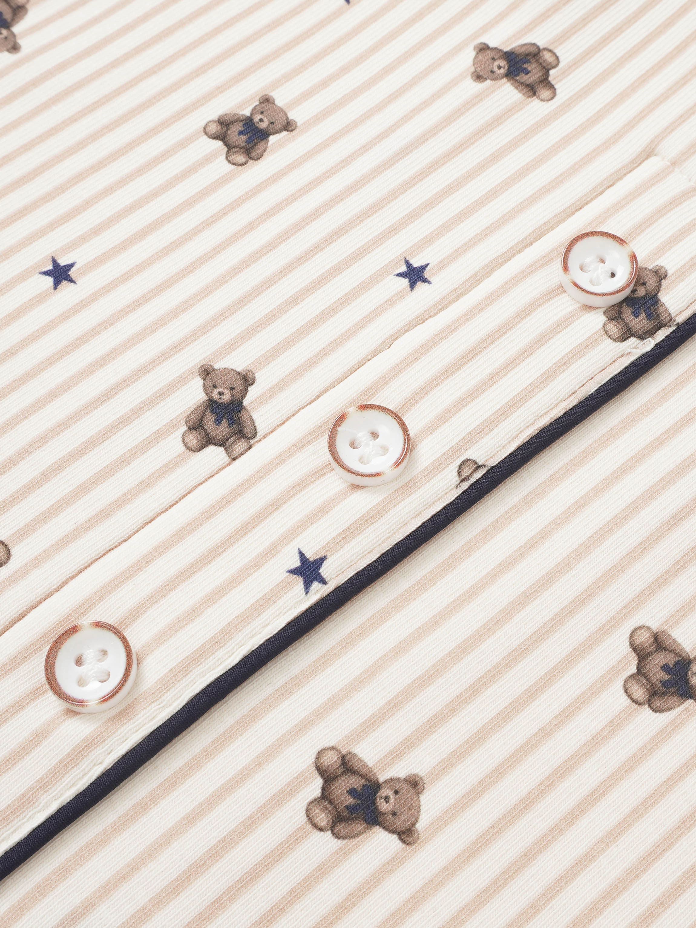 Striped Bear Pajamas - Blue, boys pajamas by Adee, beige stripes with teddy bears and blue stars, button-front