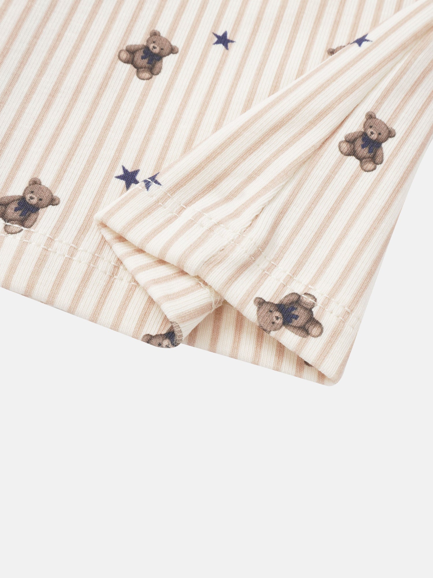 Striped bear pajamas for boys, beige/white striped fabric with brown bears and blue stars, Adee