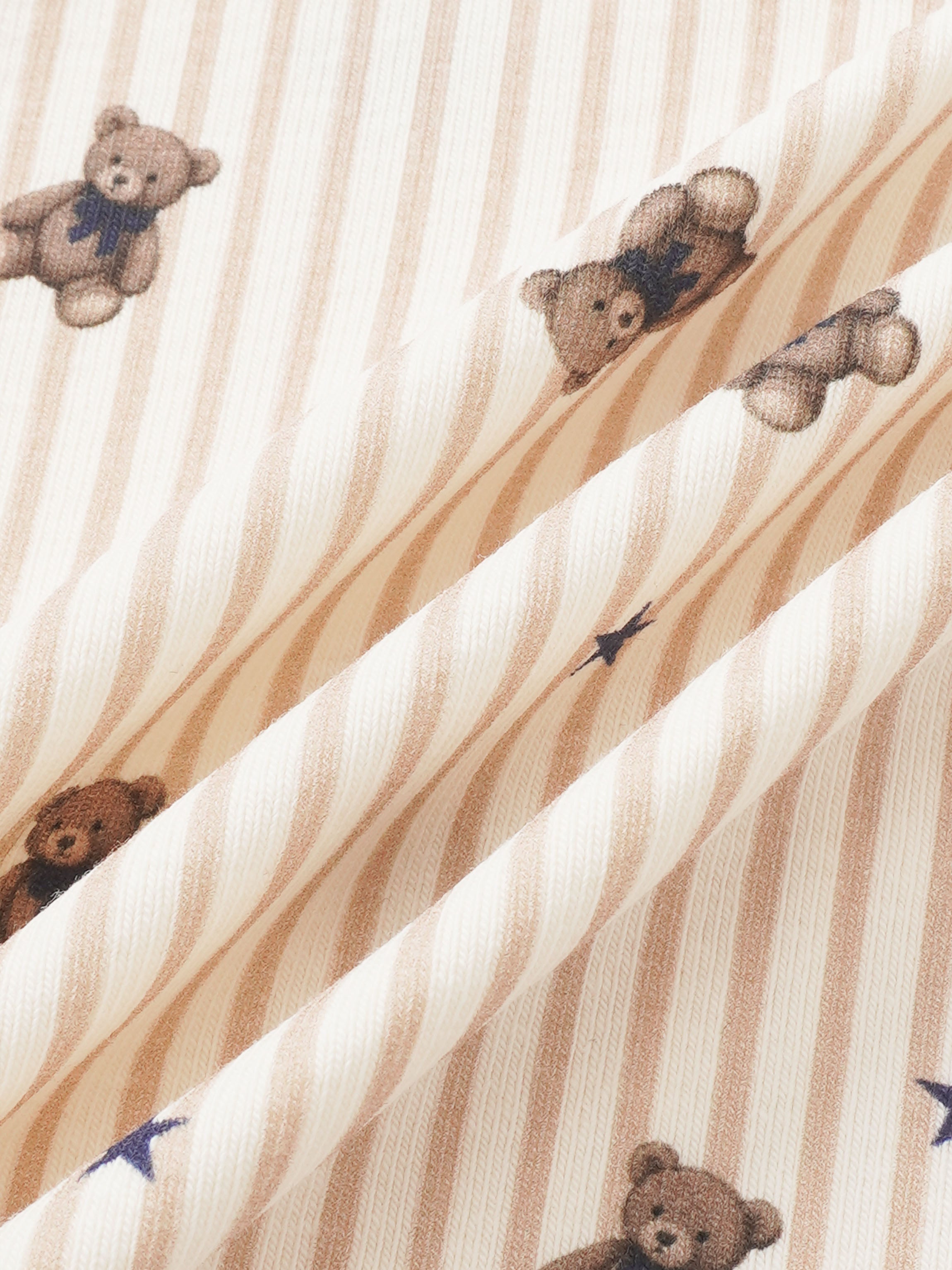 Striped bear pajamas for boys by Adee; beige striped fabric with brown teddy bears and blue accents