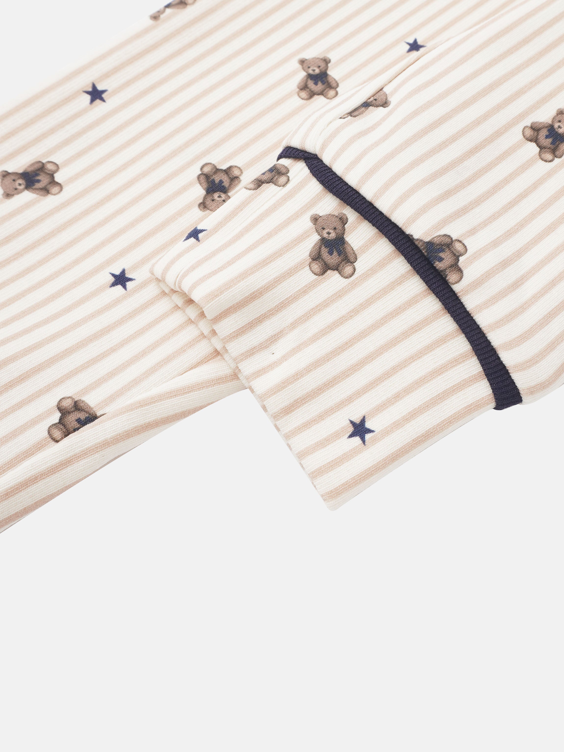 Adee Striped Bear Pajamas for boys in beige stripes with bear prints, blue stars, and navy piping.