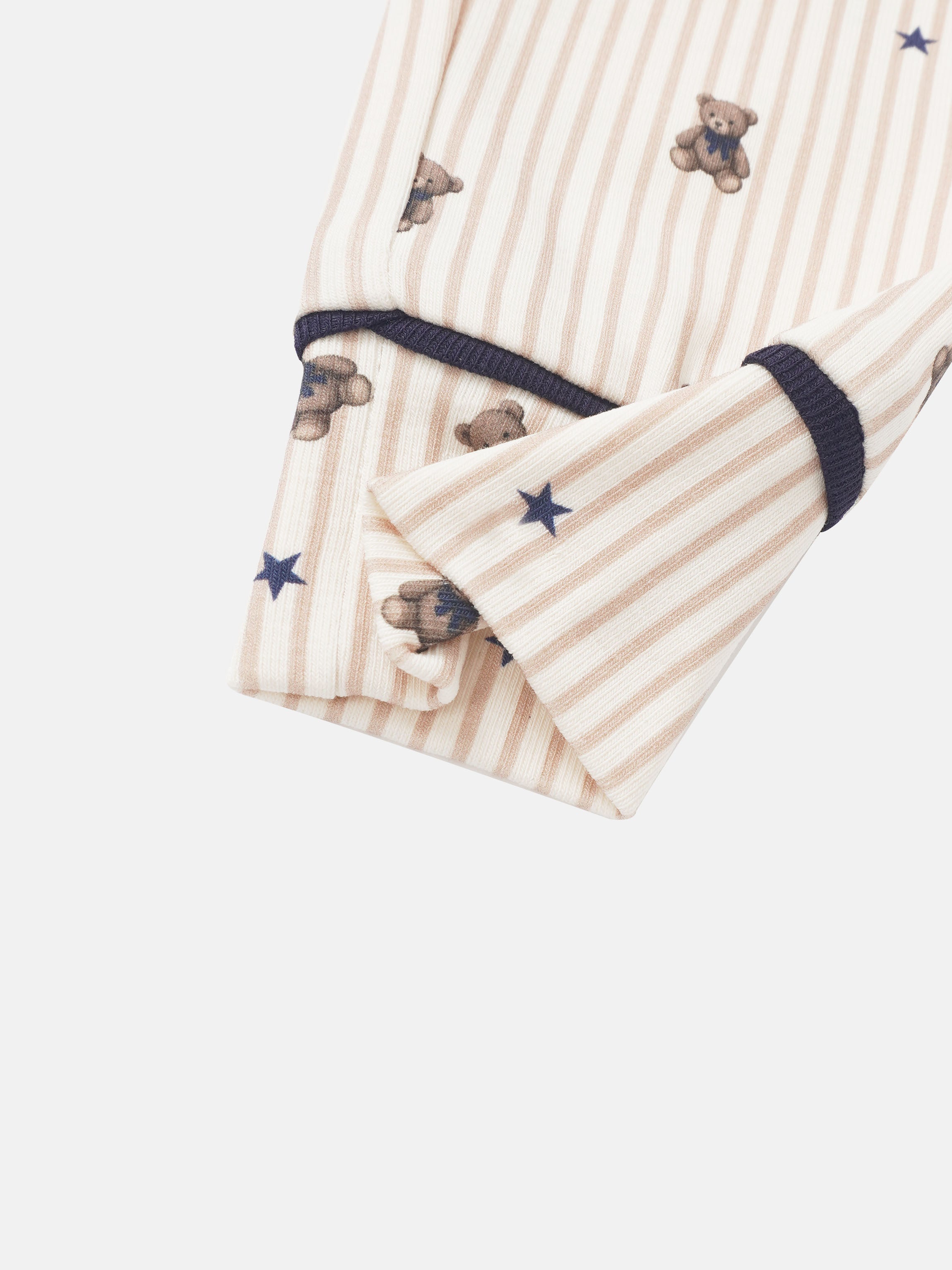 Striped bear pajamas for boys by Adee; cream-beige with bear prints and blue stars, navy cuffs.