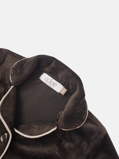 Brown ribbed velour pajamas for boys with white piping along the collar; Adee tag visible