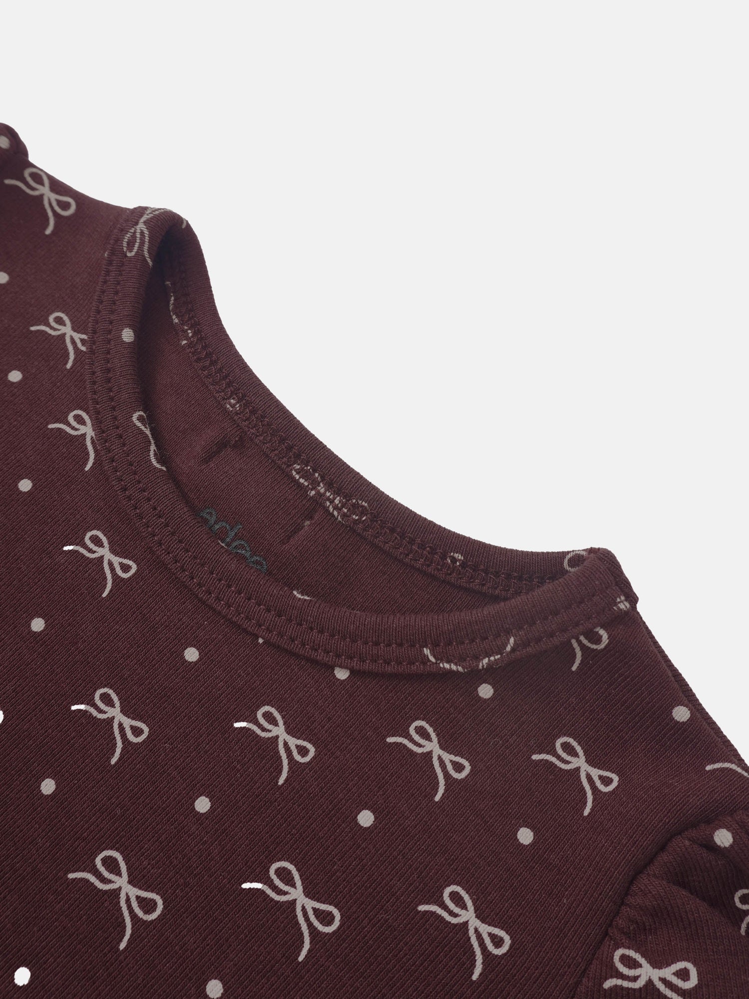 Adee Burgundy Bow Set for little girls; maroon fabric with white bow prints.