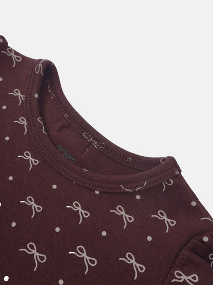 Adee Burgundy Bow Set for little girls; maroon fabric with white bow prints.
