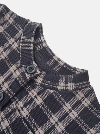Plaid pajama top for boys by Adee in navy and beige knit with buttons
