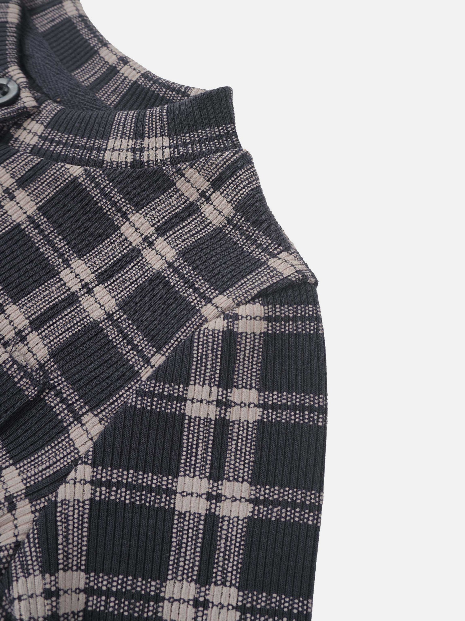 Plaid pajamas top for boys by Adee in navy blue and beige with ribbed collar and button placket.