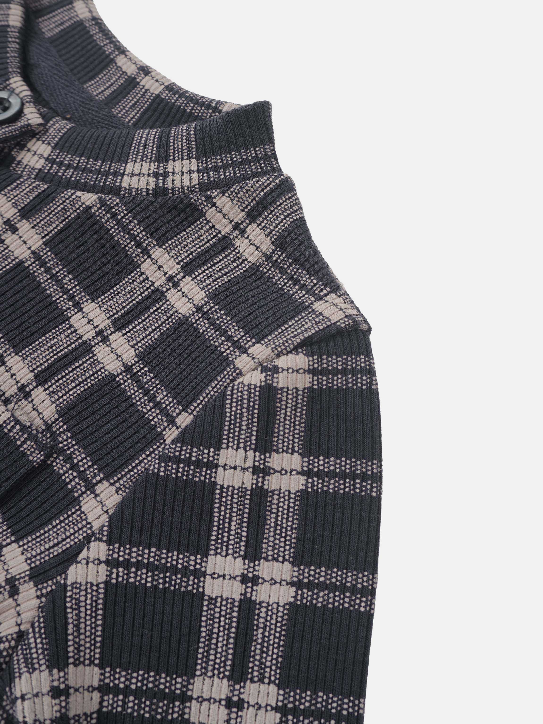 Plaid pajamas top for boys by Adee in navy blue and beige with ribbed collar and button placket.