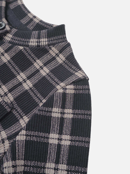 Plaid pajamas top for boys by Adee in navy blue and beige with ribbed collar and button placket.