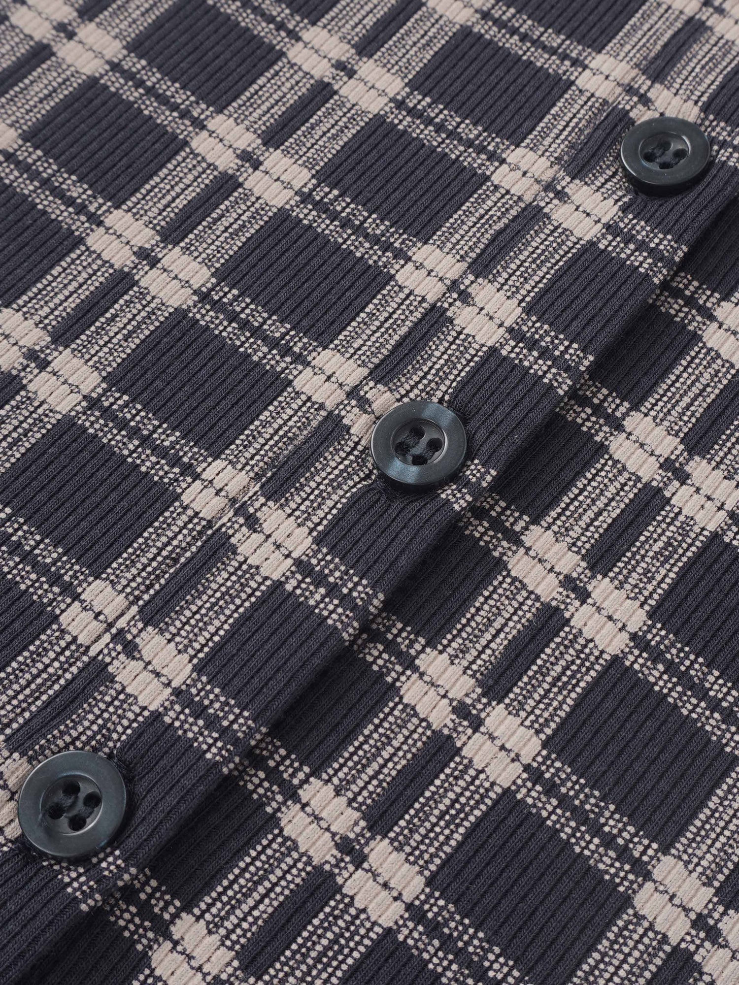 Boys plaid pajama top in blue with beige plaid pattern and dark buttons