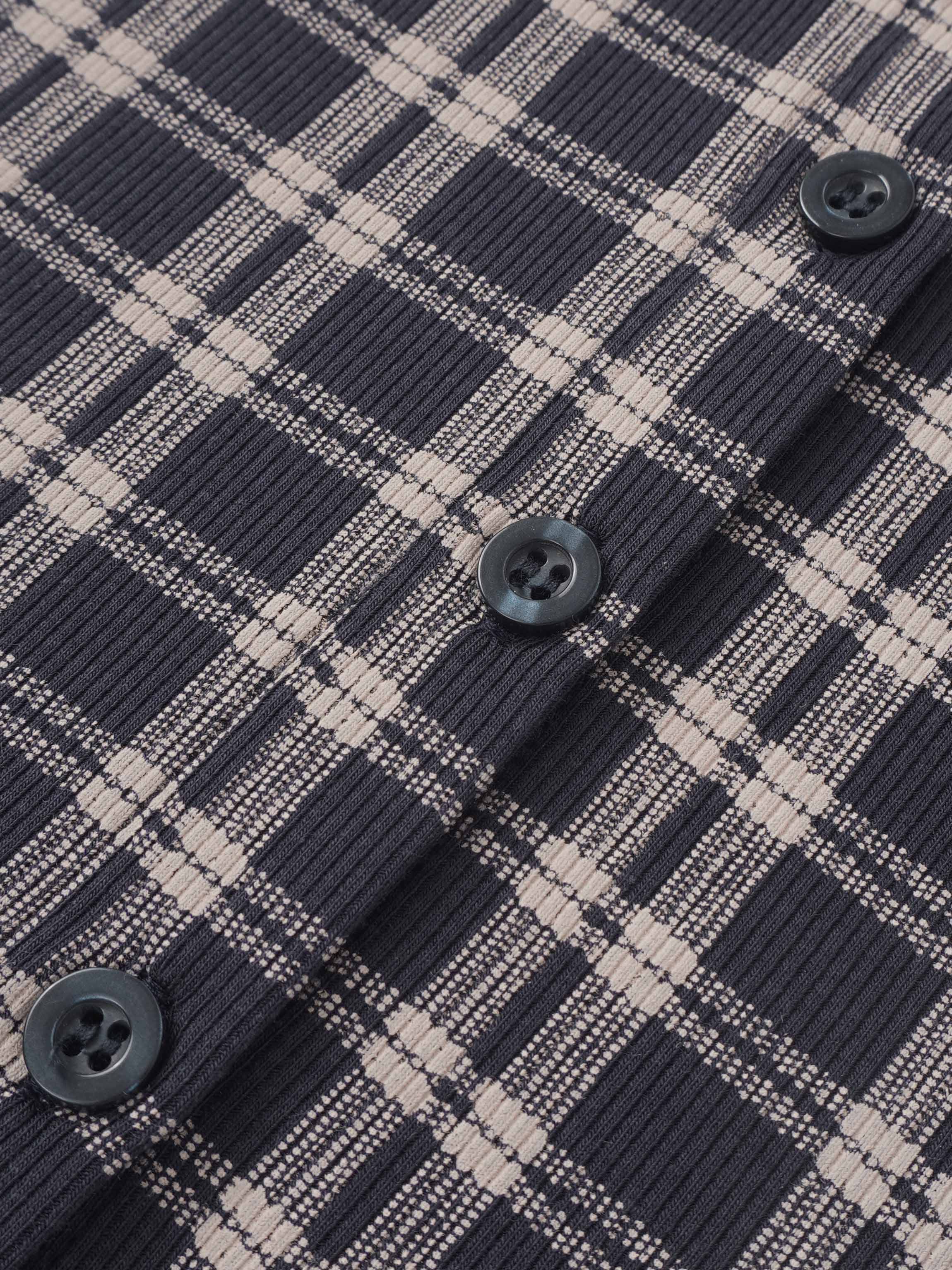 Boys plaid pajama top in blue with beige plaid pattern and dark buttons