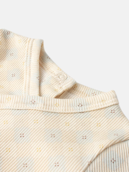 Adee Little Button Blue layette set; cream ribbed knit with tiny multicolor specks and button detail.