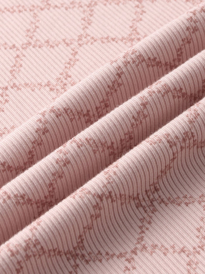 Pink Leaf Layette Set fabric swatch by Adee, ribbed knit with subtle leaf pattern