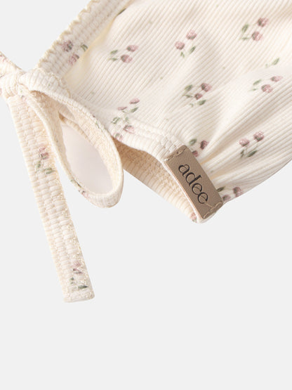 Tiny Tulip Layette Set by Adee; cream ribbed fabric with pink floral print