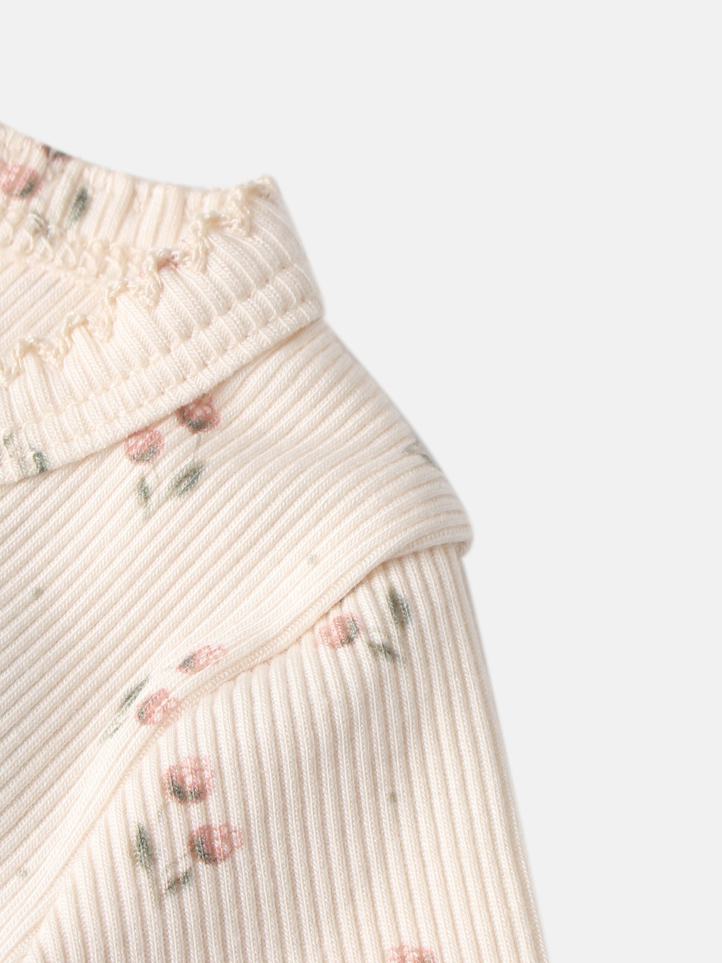 Tiny Tulip Layette Set; cream ribbed knit with pink floral print.