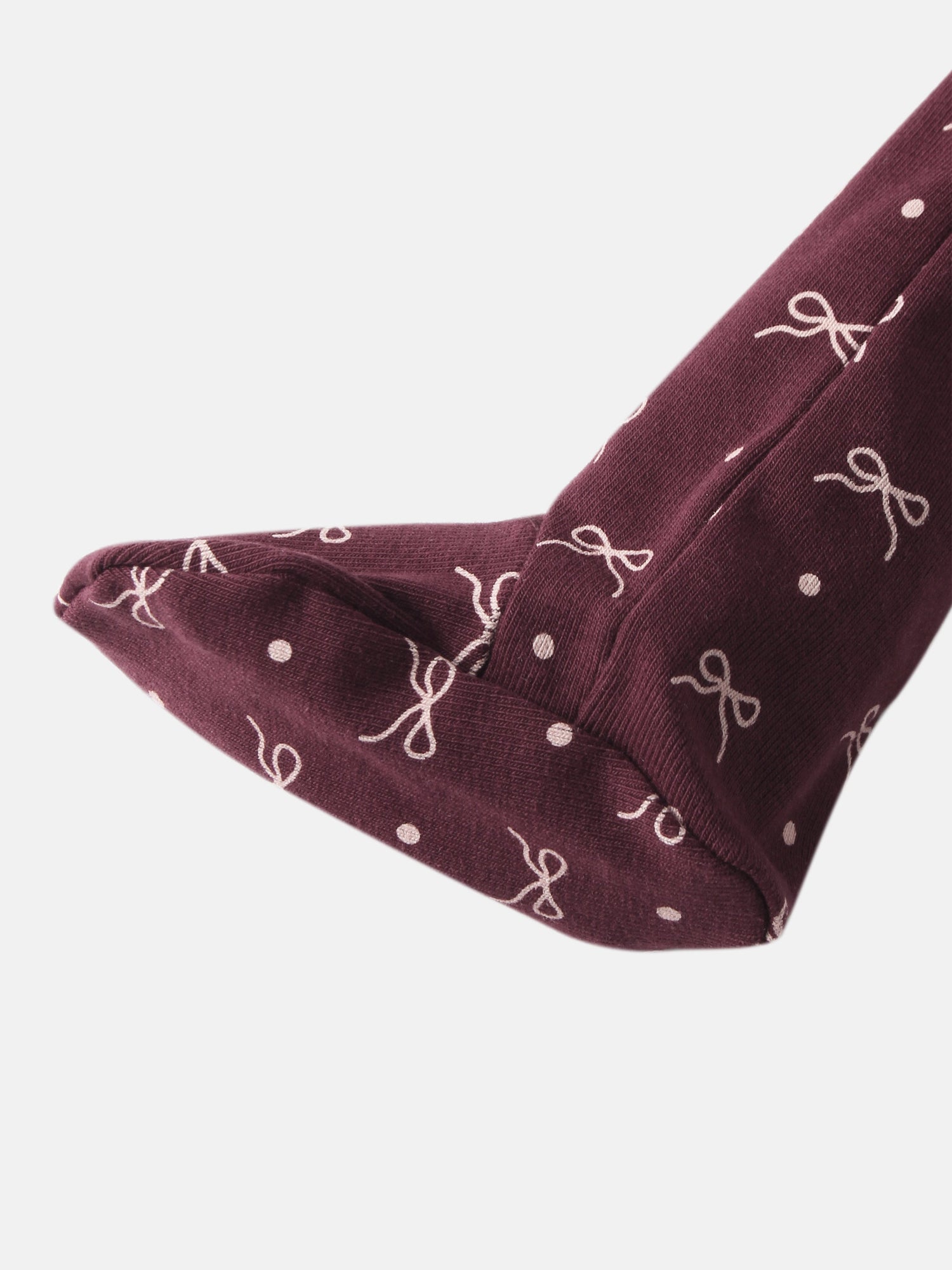 Burgundy Bow layette set by Adee; baby leg warmer with white bow print and dots