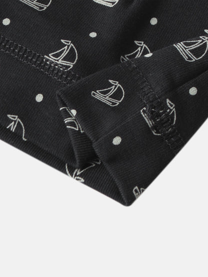 Harbor Dot Layette Set for boys; navy fabric with white anchor motifs and dots
