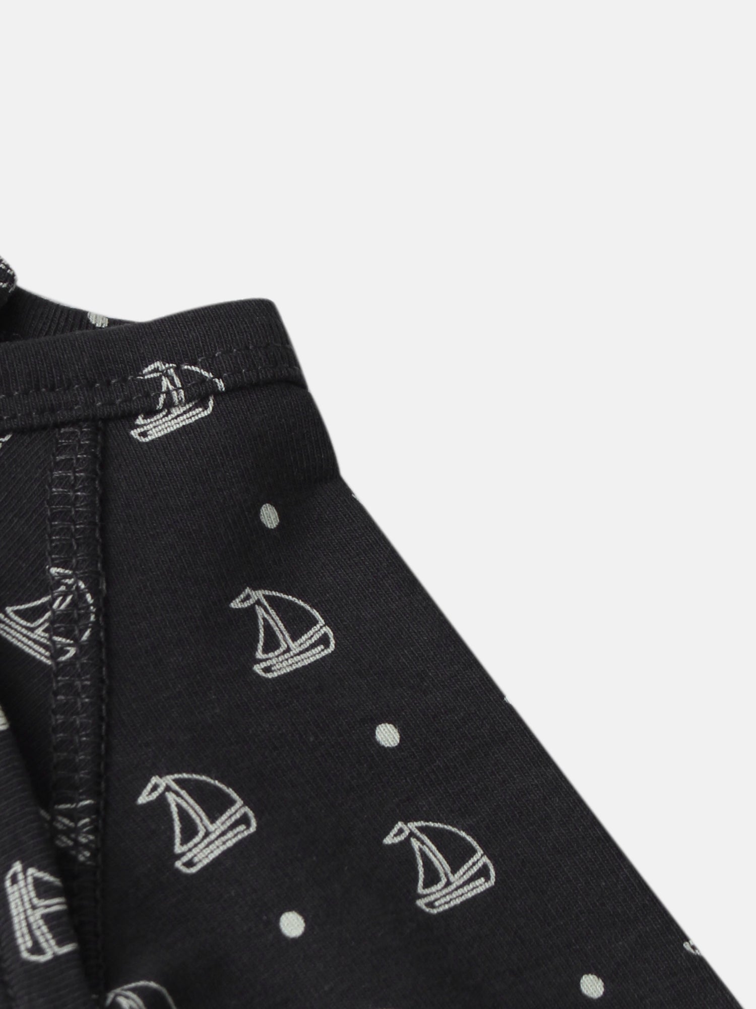 Harbor Dot Layette Set by Adee; navy fabric with white sailboats and polka dots.