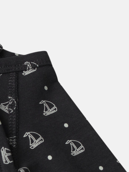 Harbor Dot Layette Set by Adee; navy fabric with white sailboats and polka dots.