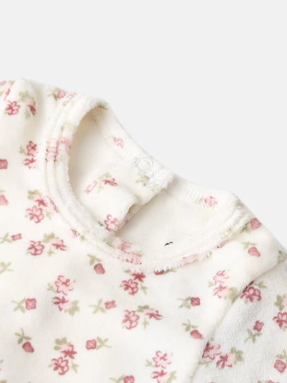 Tiny Blossom layette set for girls by Adee; soft white fleece with pink floral print.