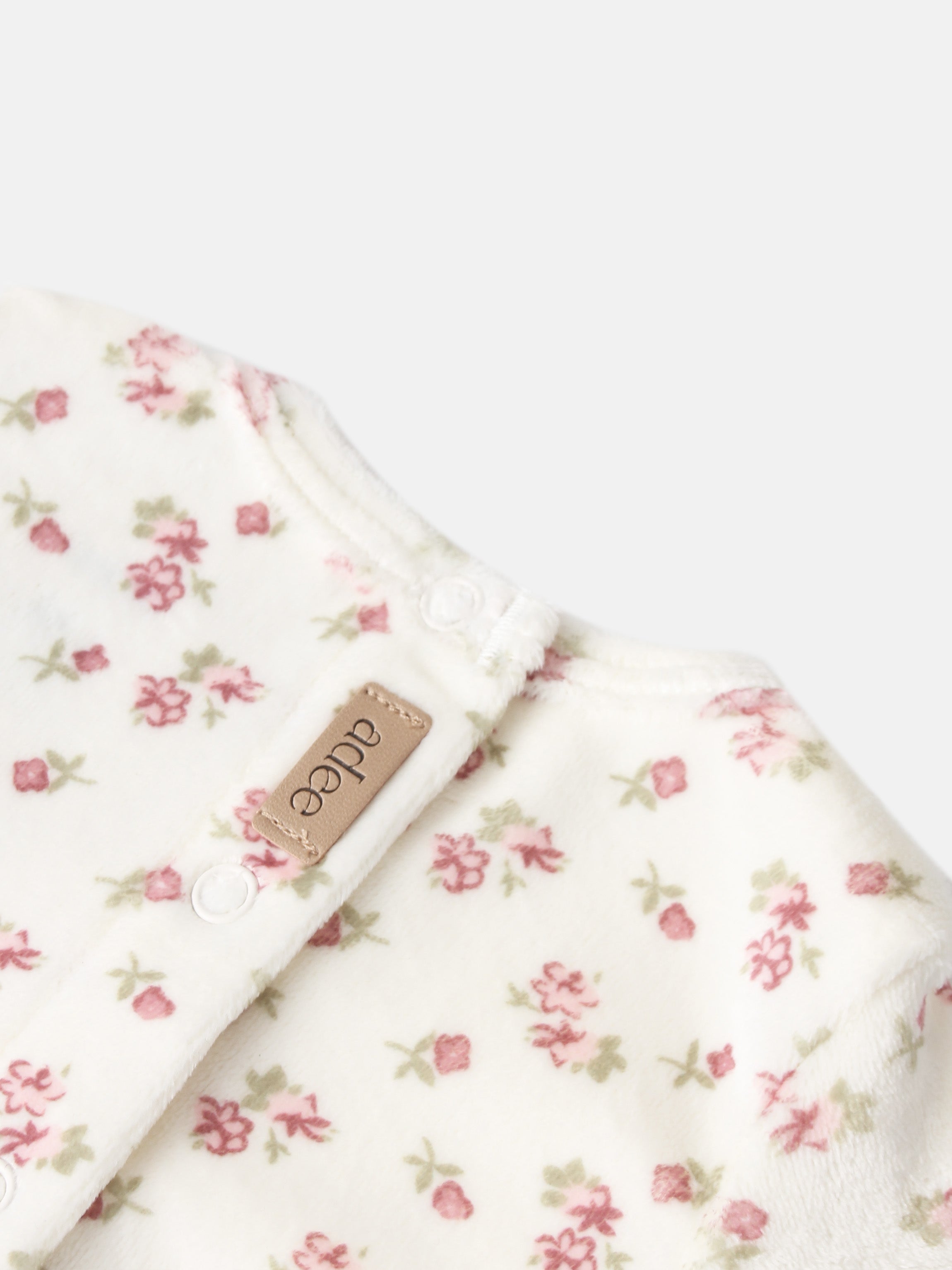 Tiny Blossom layette set for girls by Adee, white fleece with pink floral print and snaps